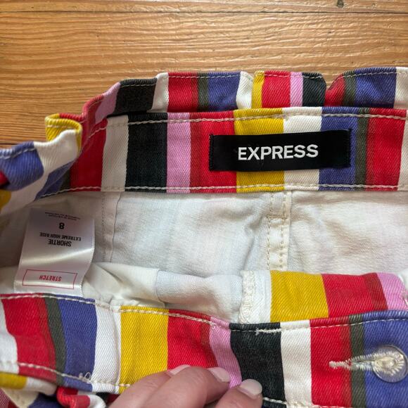 Express multicolor striped extra high waisted ruffle trim stretch shorts SIZE 8 - Picture 2 of 5